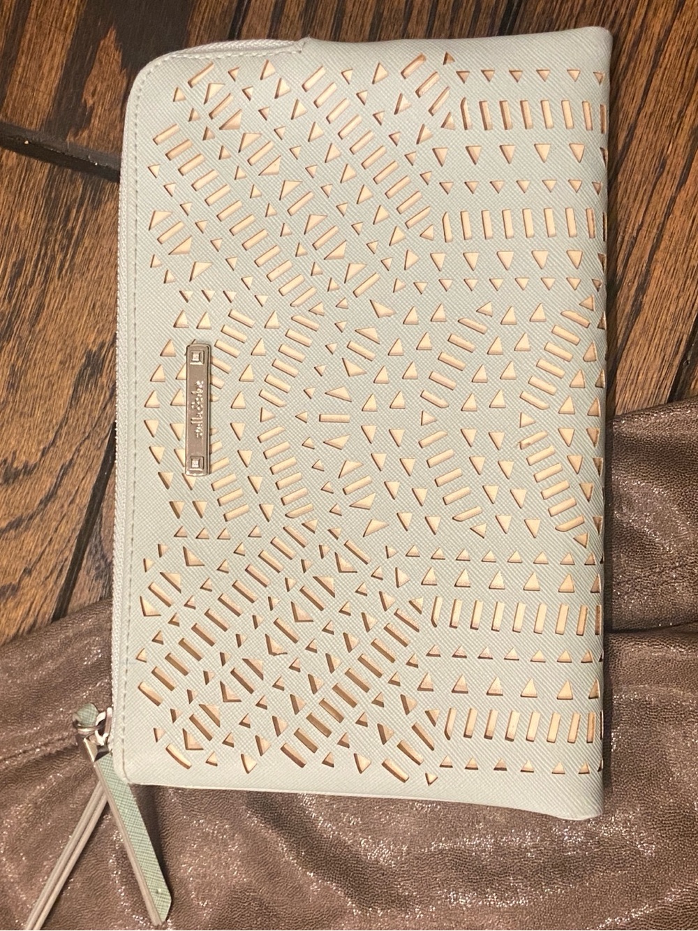 Stella & Dot Minty-Light Blue Clutch with Rose Gold Cutout Accents